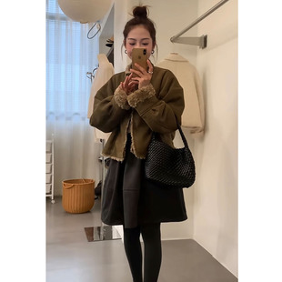 麂皮绒毛毛外套女冬加厚保暖洋气2025新款高级感立领加绒夹克上衣