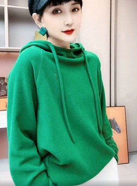 双面绒连帽卫衣女2023年春秋新款时尚保暖百搭德绒绿色打底上衣潮
