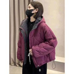 欧货连帽拼接撞色棉衣女2024冬季新款夹棉加厚时尚保暖百搭上衣潮