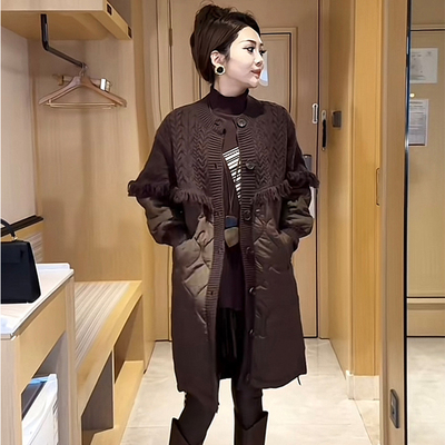 百搭中长款针织拼接棉服外套女