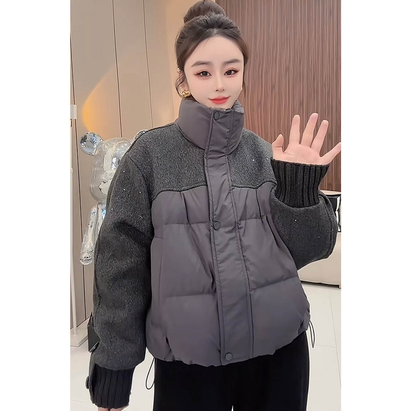 毛呢拼接高级感休闲棉衣2025新款