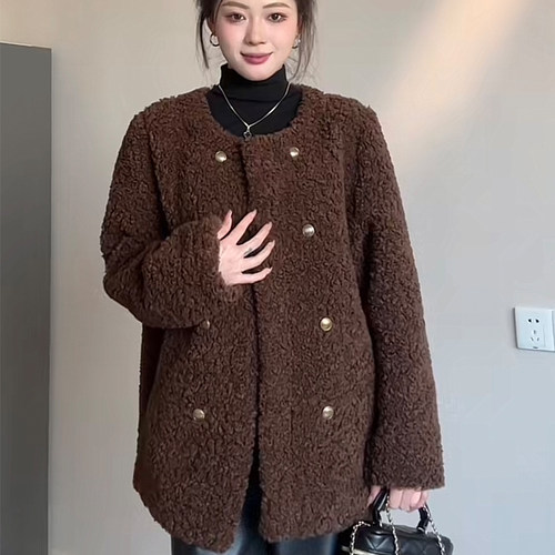 2025冬季新款圆领毛毛外套女士宽松休闲时尚百搭韩版气质加厚上衣