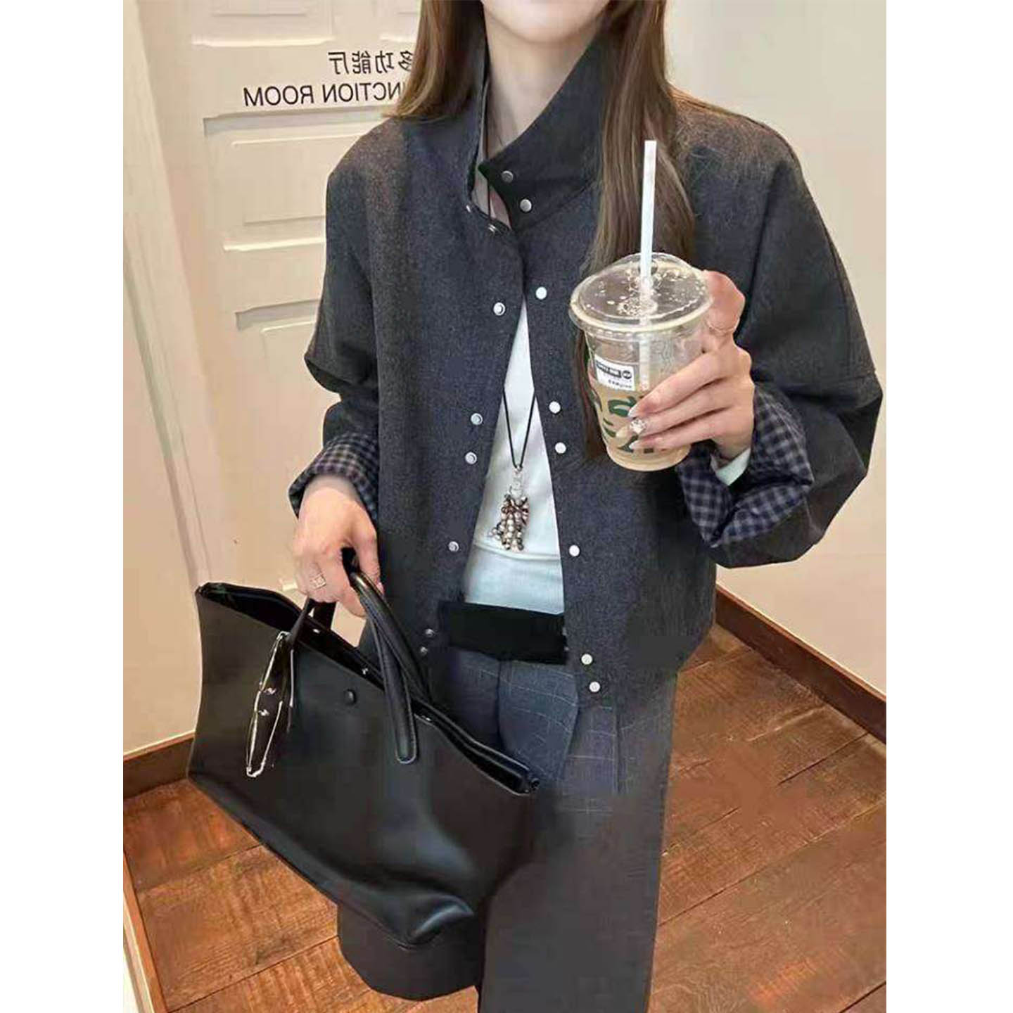 秋季立领格子袖拼色毛呢外套女