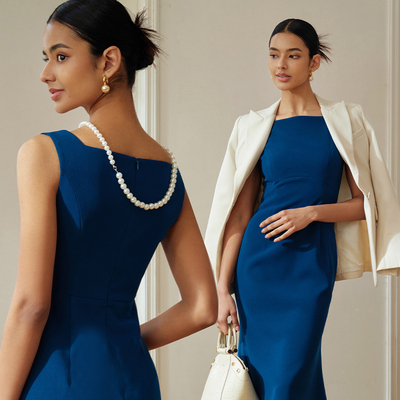 复古方领修身藏蓝色优雅鱼尾女士连衣裙