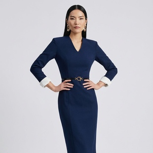 口修身 职场通勤正装 可拆卸袖 大女主式 过膝藏蓝色连衣裙 V领经典