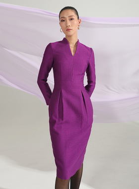 BRANDBYMEI向往多面人生经典羊毛混纺提花立体剪裁花苞长袖连衣裙