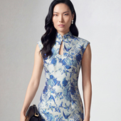 凤仪东方｜精致提花中国风青花瓷新中式 旗袍修身 连衣裙