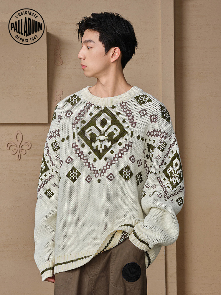 PALLADIUM 팔라딘 스웨터 라운드넥 아이리스 자카드 긴팔 캐주얼 스웨터 109679