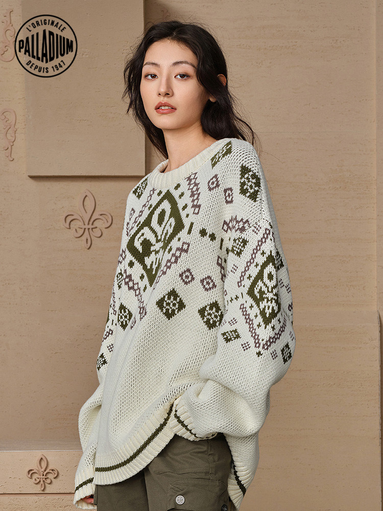 PALLADIUM 팔라딘 스웨터 라운드넥 아이리스 자카드 긴팔 캐주얼 스웨터 109679