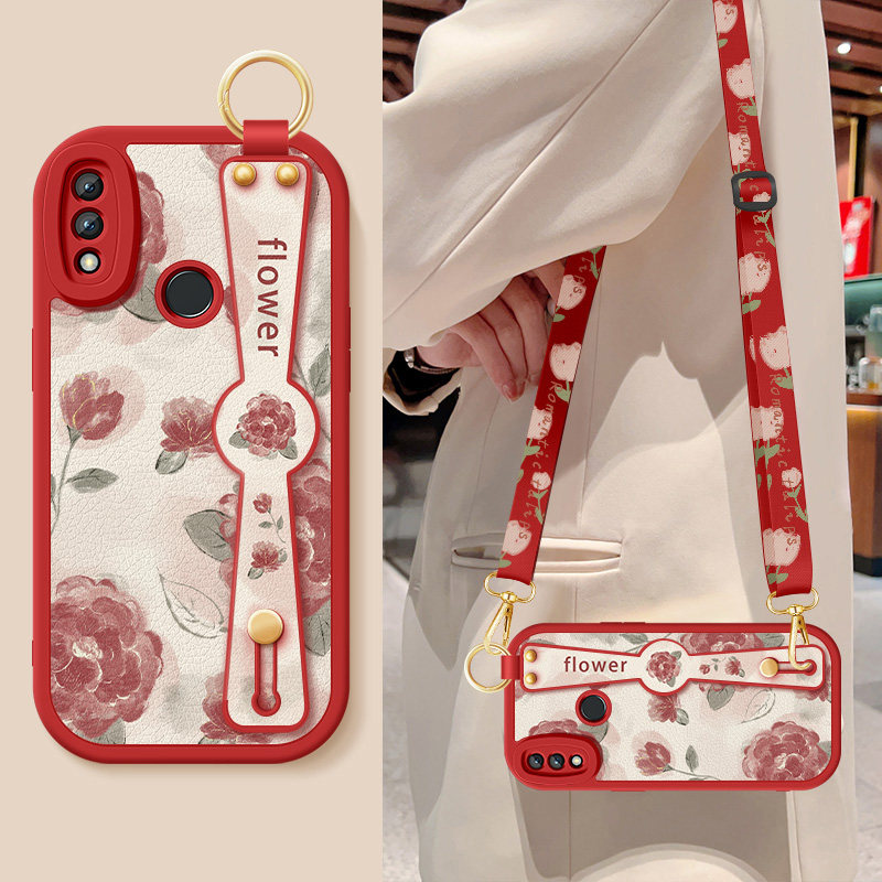 适用红米note8手机壳note8pro新款女redminote7pro红色玫瑰腕带支架挂绳note7小羊皮保护套M1906G7E8硅胶软壳