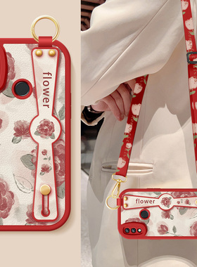 适用红米note8手机壳note8pro新款女redminote7pro红色玫瑰腕带支架挂绳note7小羊皮保护套M1906G7E8硅胶软壳
