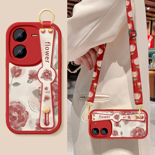 适用vivoy37手机壳y37pro新款女红色玫瑰腕带支架挂绳Y37m小羊皮保护套VIVO硅胶软壳丫37全包防摔5g高级外壳