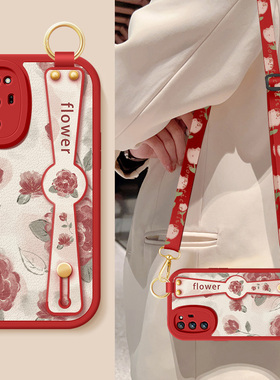 适用荣耀v40手机壳新款女honorv40轻奢版红色玫瑰腕带支架挂绳华为v30pro小羊皮v30硅胶软OXF-AN00高级保护套