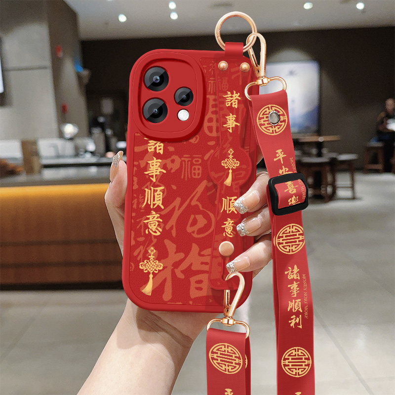 OPPOReno15C手机壳新款reno15pro小羊皮防摔OPPOReno15超薄保护套诸事顺意斜挎腕带挂绳PMD110硅胶软外女适用