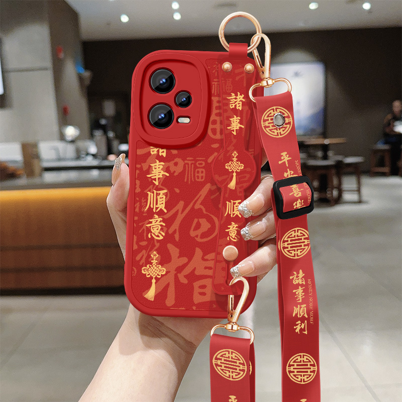 适用红米note12手机壳note12pro+新款女诸事顺意12rpro背带斜挎支架挂绳12turbo小羊皮12tpro硅胶软12r保护套