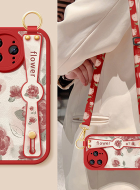 适用红米k80手机壳k80pro新款女红色玫瑰腕带支架挂绳k80至尊版小羊皮保护套防摔redmik8O硅胶软RK2CC7C外壳