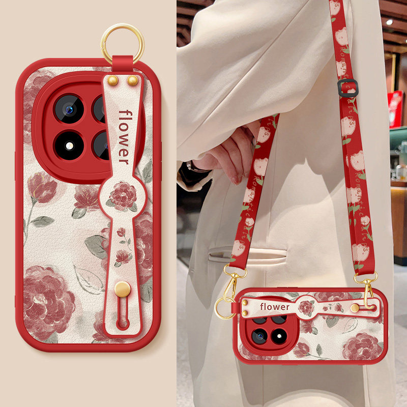 适用红米note14手机壳note14pro+新款女redminote14pro红色玫瑰腕带支架挂绳小羊皮防摔保护套小米硅胶5g软壳