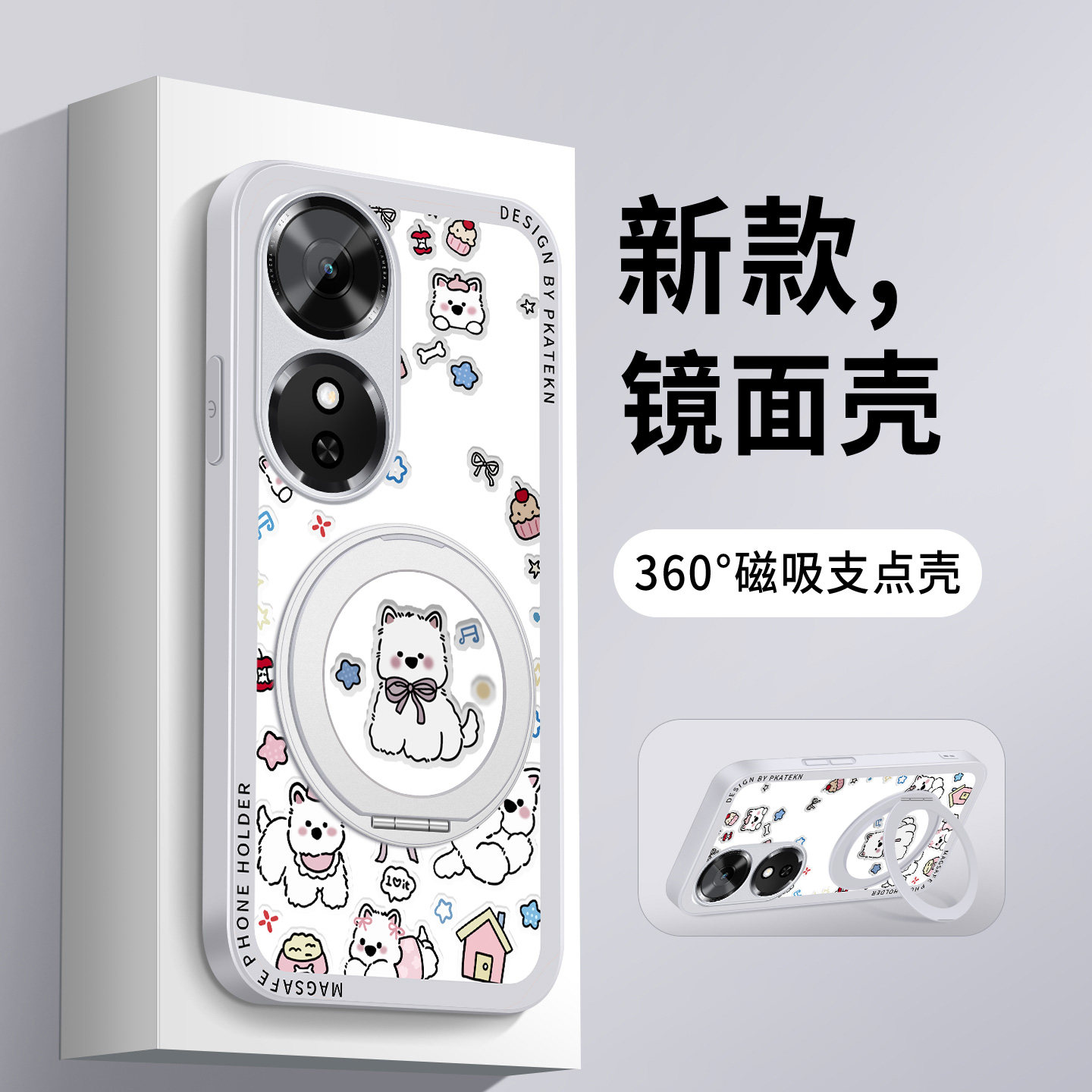 适用荣耀play10c手机壳play9t西高地狗honorPlay8T镜面支架华为play8tpro女生新款保护套全包防摔硅胶硬外壳