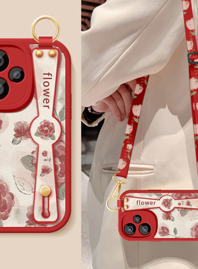 适用红米note13手机壳note13pro+新款女13rpro红色玫瑰带挂绳note13r小羊皮保护套小米redmi硅胶软5g防摔外壳