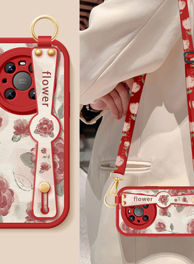 适用华为mate40手机壳mate40pro新款女mt40epro红色玫瑰腕带支架挂绳mate40e小羊皮硅胶保护套防摔NOH-AN00外