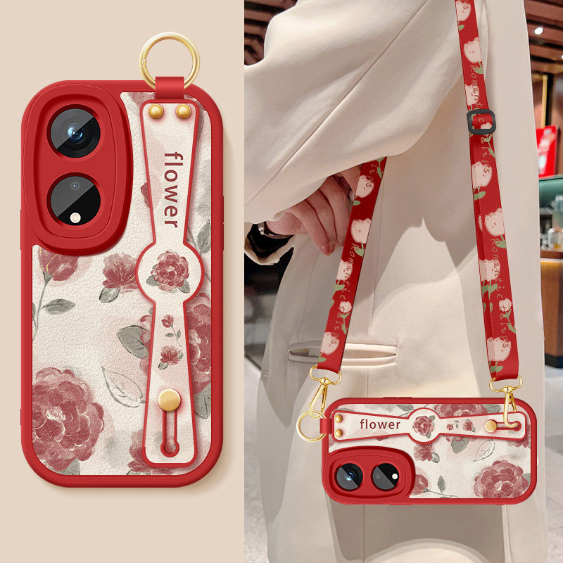 适用oppoa1手机壳a1pro新款女士a1s红色玫瑰腕带支架挂绳a1i小羊皮A1红色a1x硅胶软壳opa1活力版5Gpor保护套