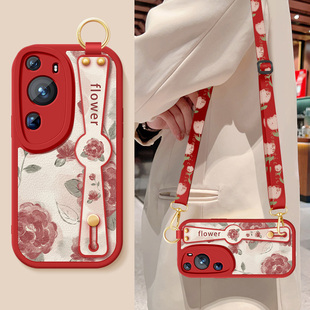 适用华为p60手机壳p60pro新款女士p60art红色玫瑰p50Pro腕带支架挂绳p50e小羊皮p50保护套全包防摔硅胶软外壳