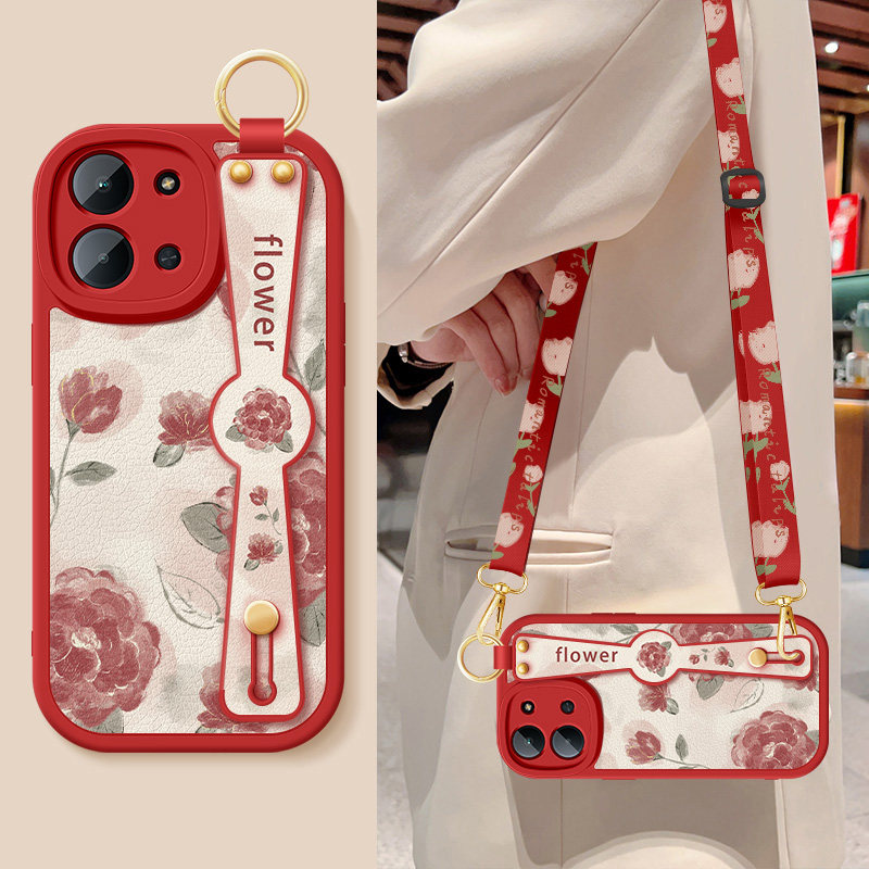 适用红米15r手机壳新款女士14c红色玫瑰腕带支架挂绳redmi14r小羊皮13r全包防摔13c硅胶软2411DRN47外保护套