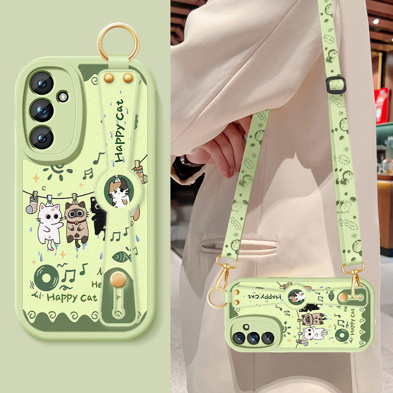 适用三星s23手机壳S23+新款galaxyS23fe女卡通小猫腕s23ultra带支架挂绳s22小羊皮s22+保护套硅胶软高级外壳