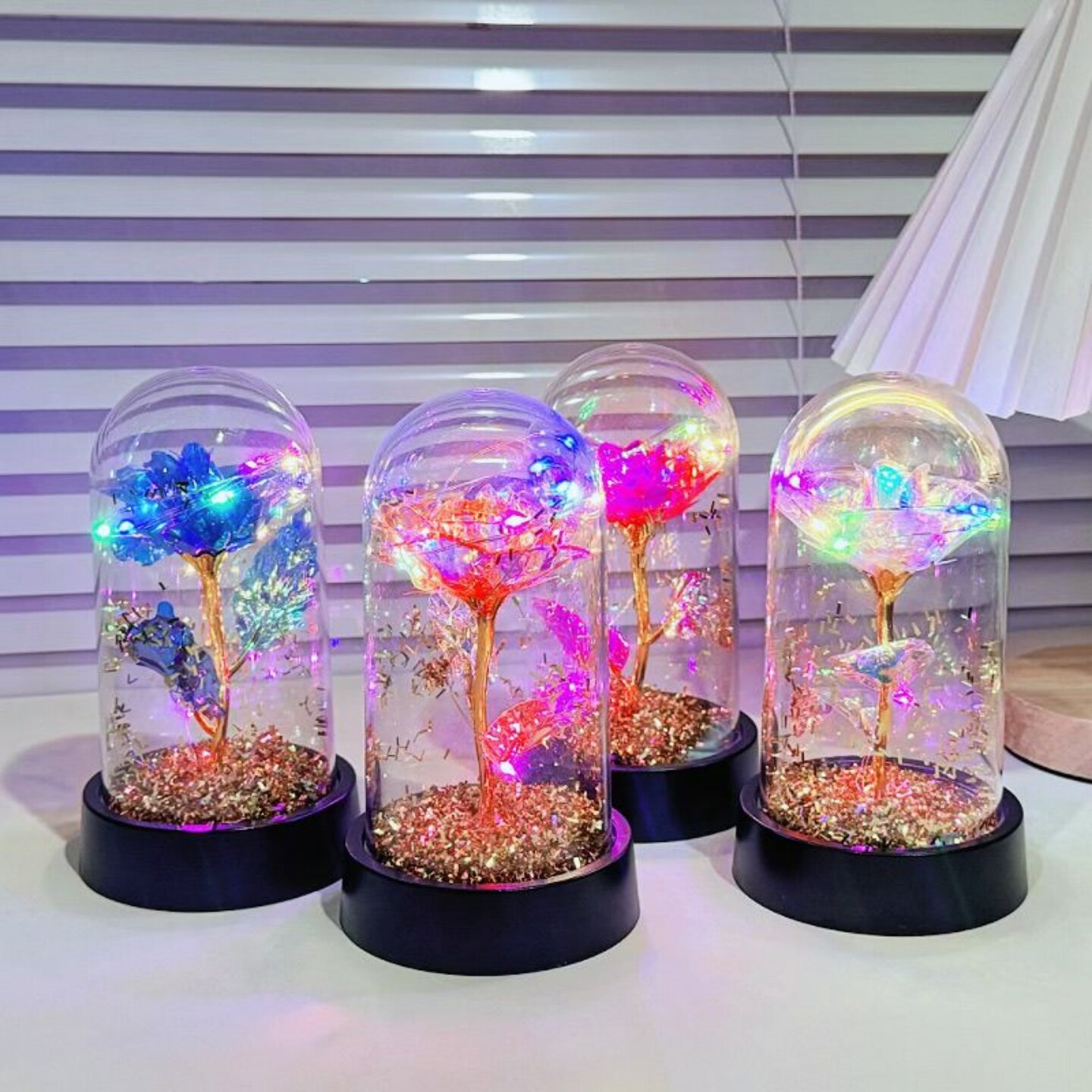 金箔七彩炫光玫瑰花永生花小夜灯