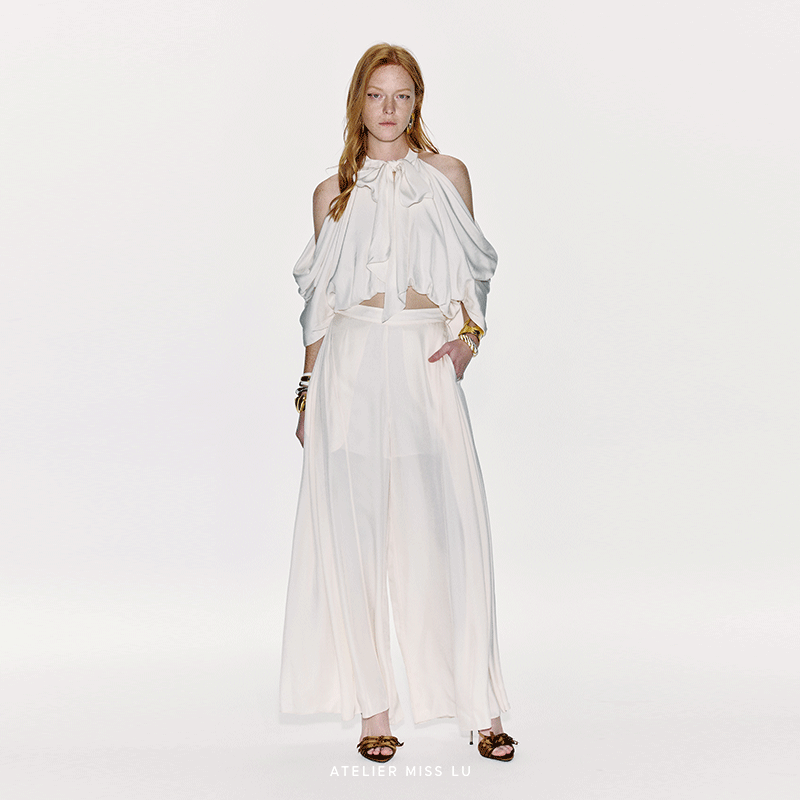 垂荡露肩设计飘带醋酸上衣