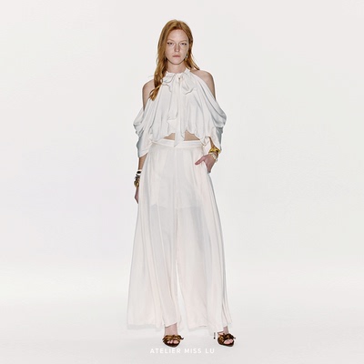 垂荡露肩设计飘带醋酸上衣