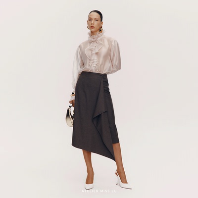 秋冬不规则立裁绵羊毛混纺半裙