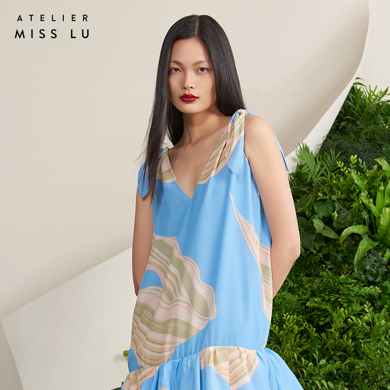 AtelierMissLu设计师系带造型下摆天空蓝显瘦真丝连衣裙
