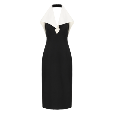 撞色拼接露背挂脖修身连衣裙