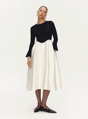 【正品保证】AtelierMissLu 【浮光花园】光泽微喇长袖A字连衣裙