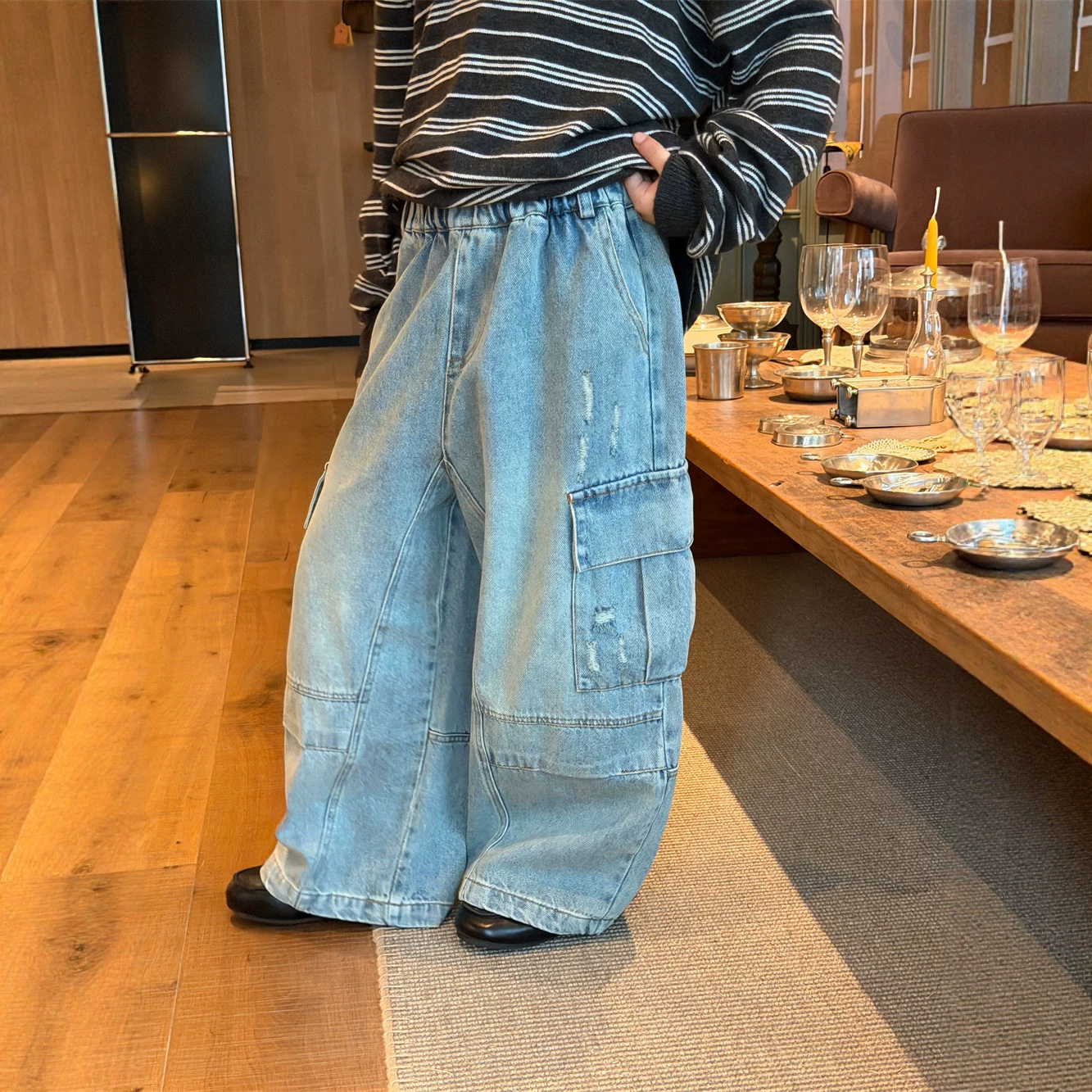 秋季男女童工装多袋松紧腰牛仔裤