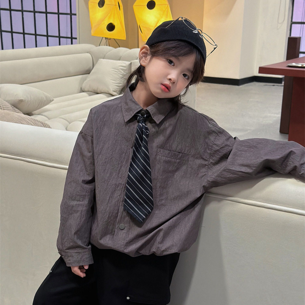 2026秋男童棉感领带印花衬衫