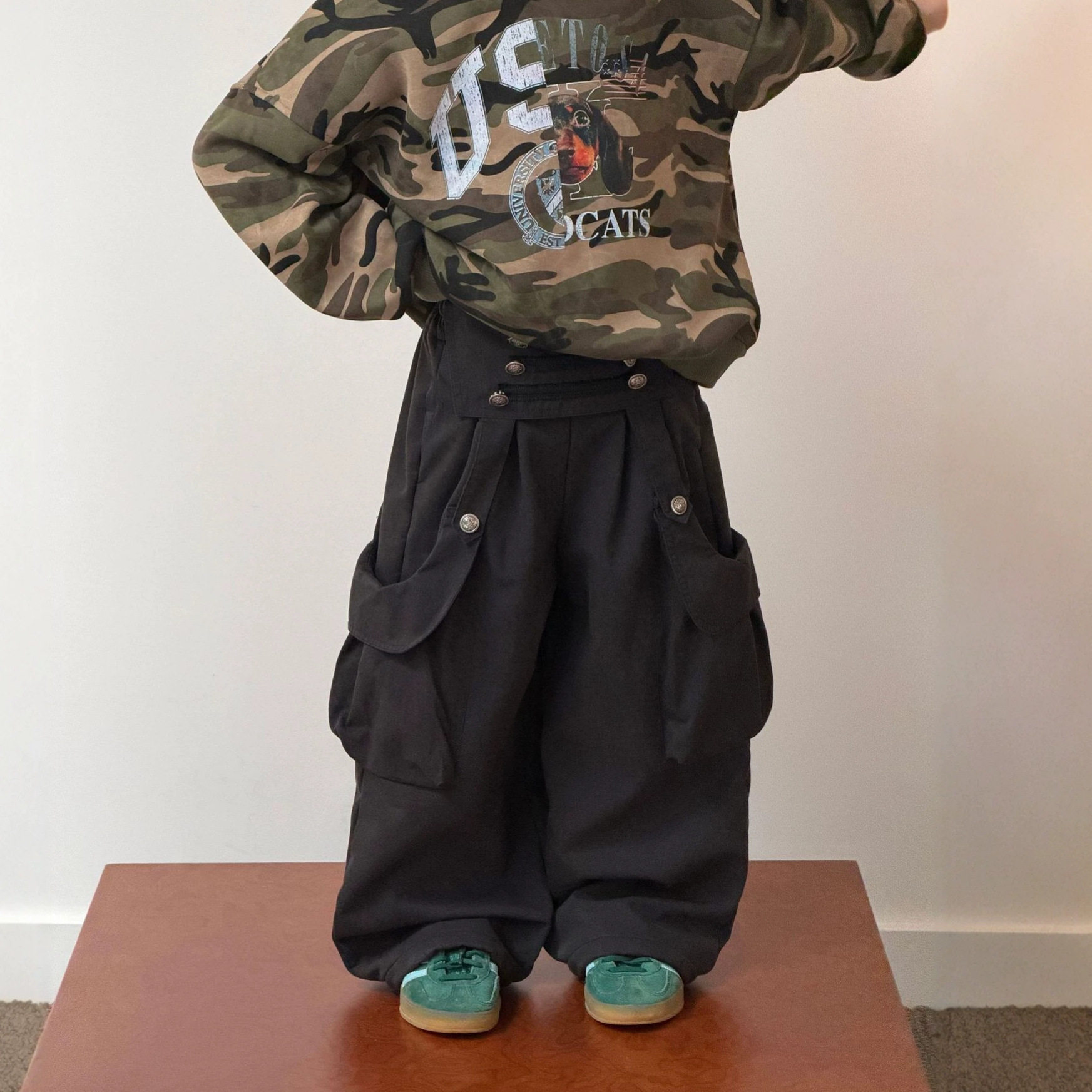 秋冬男童美式复古加绒工装阔腿裤