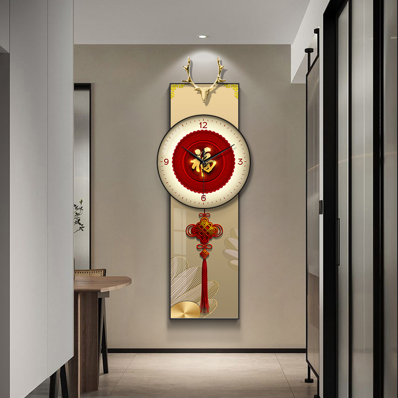 新中式中国结福字玄关装饰画钟表挂钟客厅餐厅背景墙挂画创意时钟图片