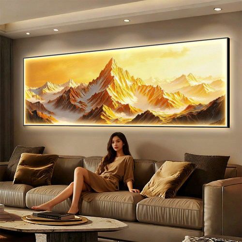 现代轻奢日照金山客厅装饰画LED发光灯画背有靠山沙发背景墙壁画