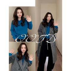 韩版蓝色抽绳连帽毛衣女秋装女装2024洋气百搭显瘦针织衫软糯上衣
