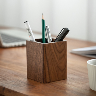 黑胡桃木笔筒轻奢高级感ins风实木办公室学生桌面文具收纳木质教