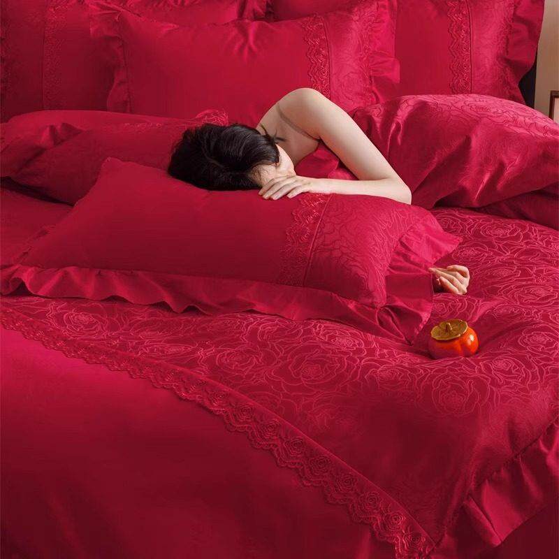 高档简约婚礼结婚四件套大红色新婚喜被被套婚庆床上用品婚房陪嫁