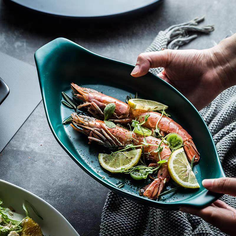 北欧创意墨绿色双耳鱼盘芝士焗饭盘微波炉烤盘椭圆盘菜盘陶瓷饭盘,餐饮具,盘,淘宝优惠券,粉丝福利购,淘宝优惠卷