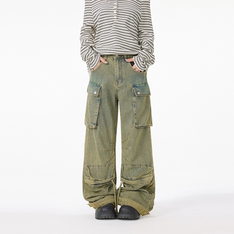 欧美复古做旧水洗低腰宽松口袋拼接毛边牛仔裤women loose jeans