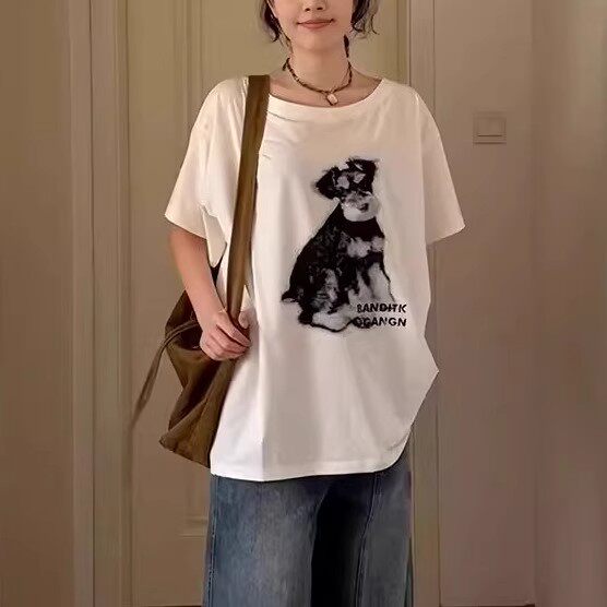 美式辣妹小狗印花斜肩短袖t恤女夏季宽松设计感小众一字露肩上衣