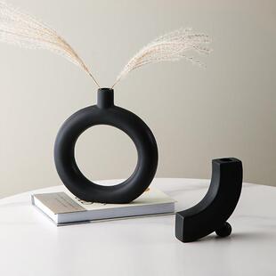 现代简约轻奢黑白色陶瓷花瓶小口径迷你干花客厅办公桌餐桌摆件