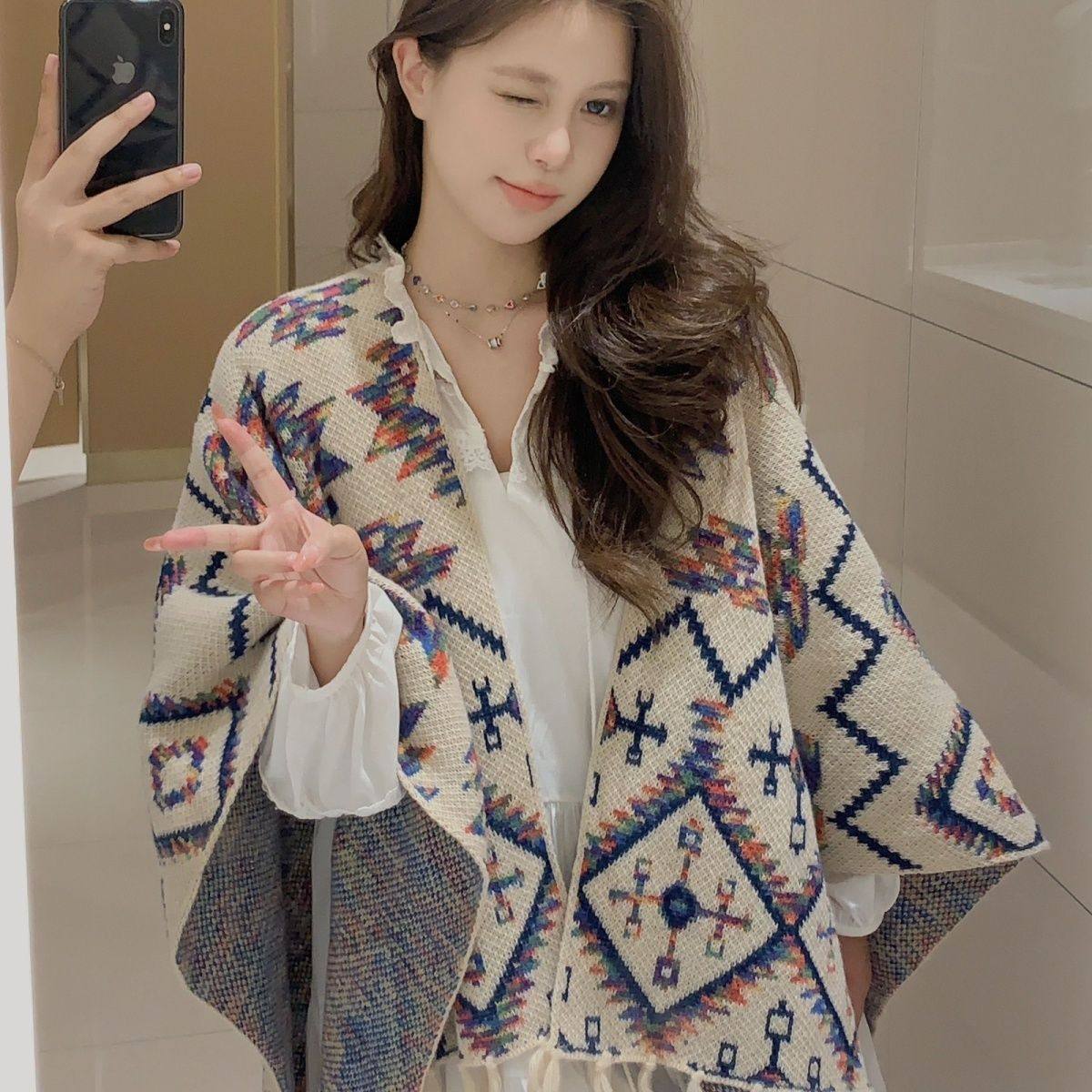 提花名族风气质斗篷披肩流苏女外围巾/丝巾/披肩