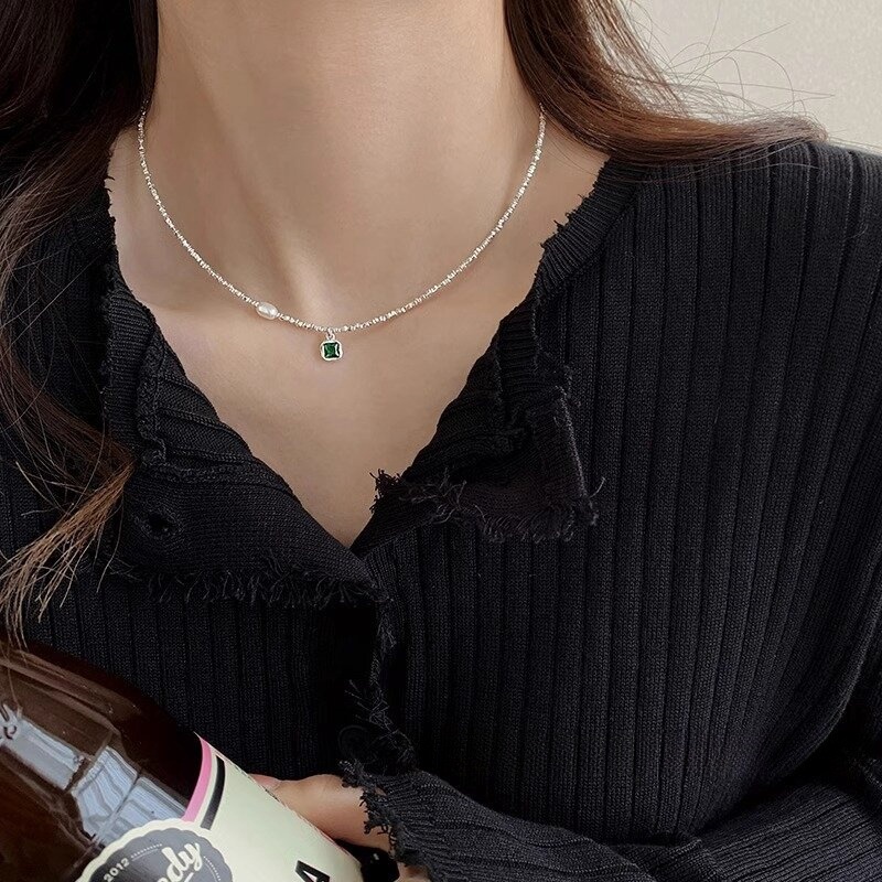 999纯银绿锆石碎银几两项链女足银轻奢小众天然珍珠锁骨链颈链