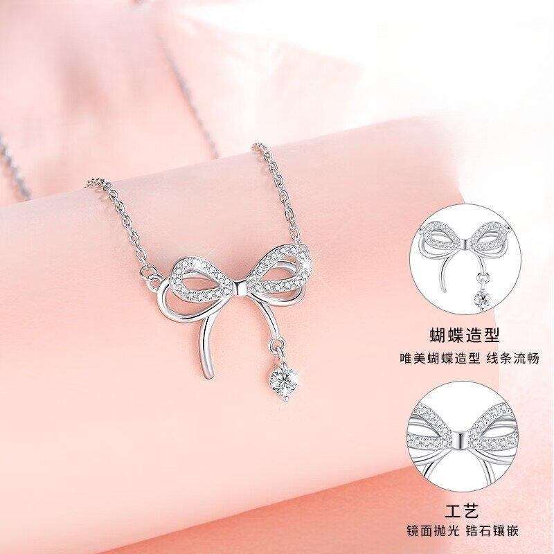 蝴蝶结项链女999纯银轻奢小众2023年新款灵动情人节礼物送女朋友